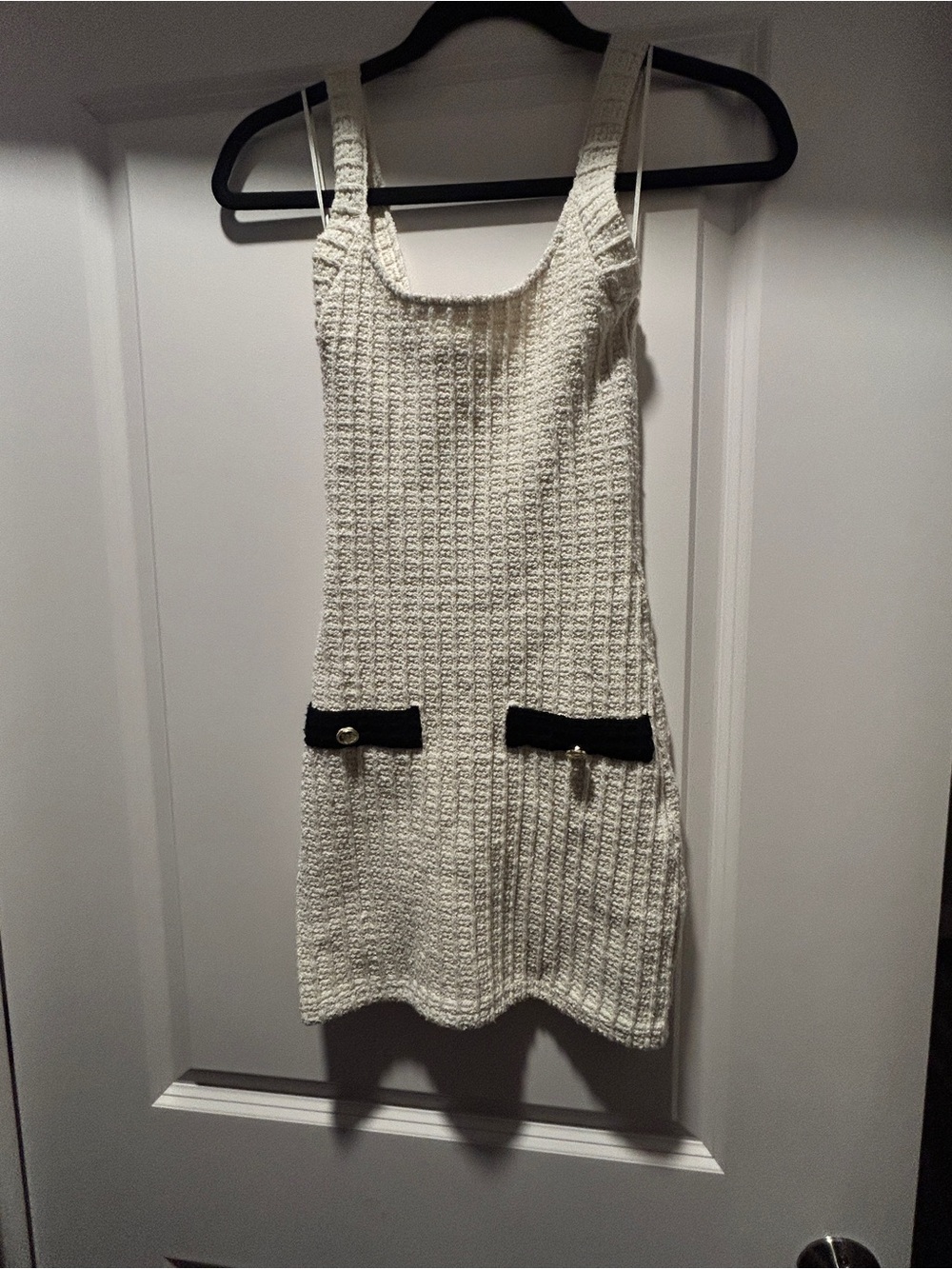 ZARA Cream Bouclé Knit Mini Dress Black Gold Detail Size M